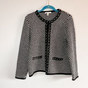 JM Collection Petite Large Black and White Ruffle Trim Pearl Accent Cardigan